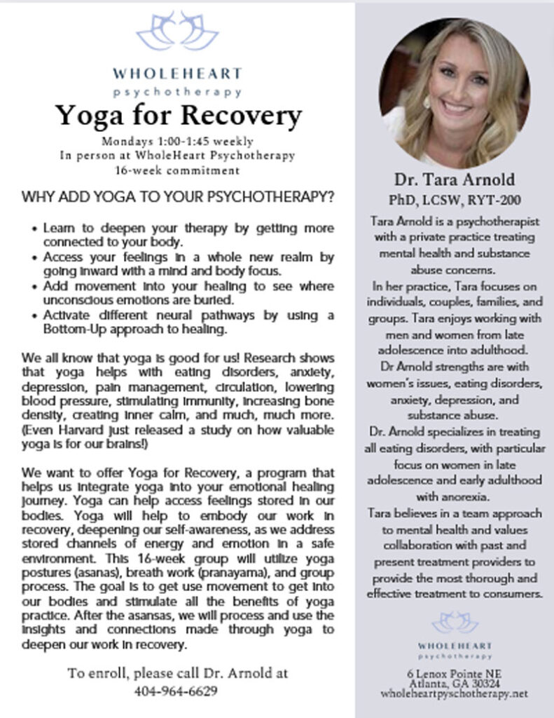 Yoga For Recovery Flyer 2023 WholeHeart Psychotherapy in Atlanta Georgia